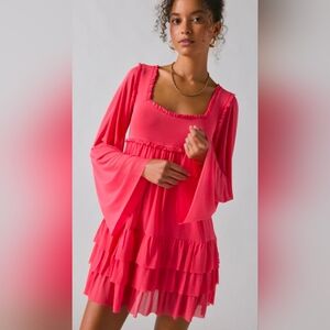 AFRM Ruffled Tiered Bell Sleeve Pink Mini Dress